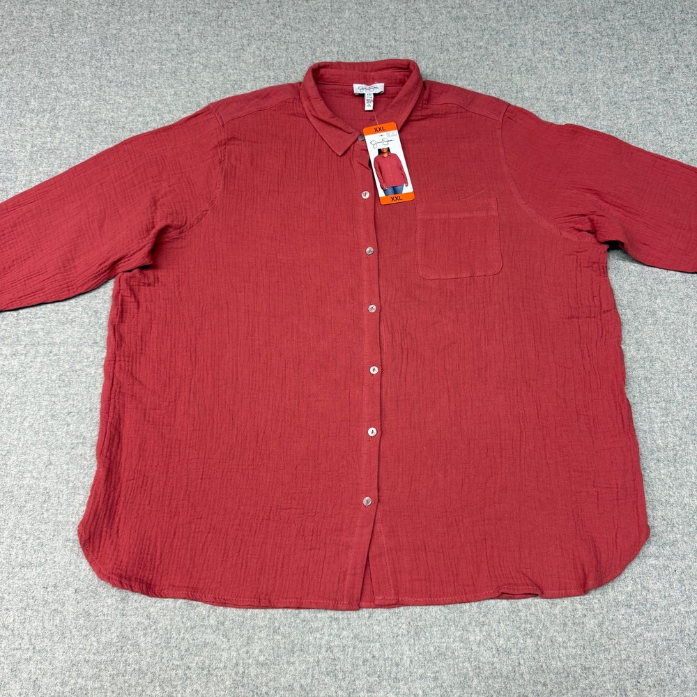 Jessica Simpson Button Down Shirt XXL Red Cotton Gauze Long Sleeve Pocket Top
